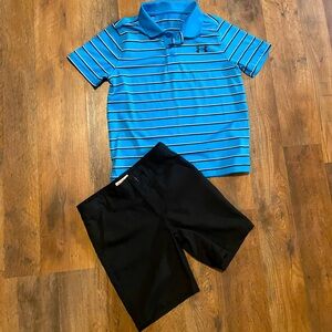 Boys Size 5T Under Armour Blue Stripe Golf Polo and Cat & Jack Black Shorts Set